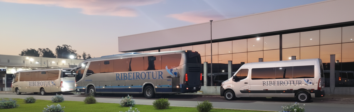 Micro-ônibus e van da RibeiroTur ao entardecer
