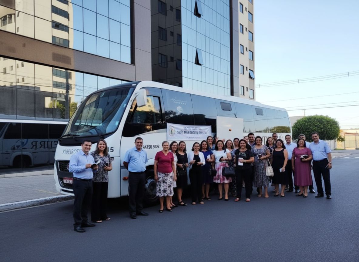 Grupo de passageiros ao lado de um micro-ônibus da RibeiroTur